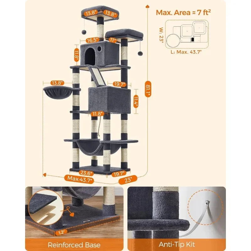 Cat Tree, 81.1-Inch Large Cat Tower with 13 Scratching Posts, 2 Perches, 2 Caves, Basket, Hammock, Pompoms