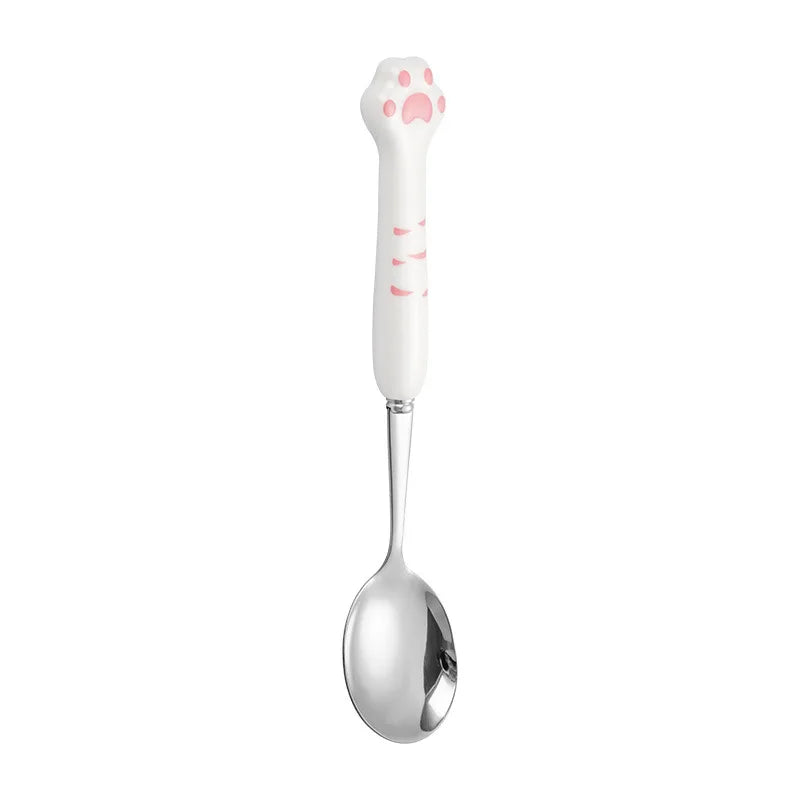 Stainless Steel Cute Cat Claw Ceramic Spoon and Fork