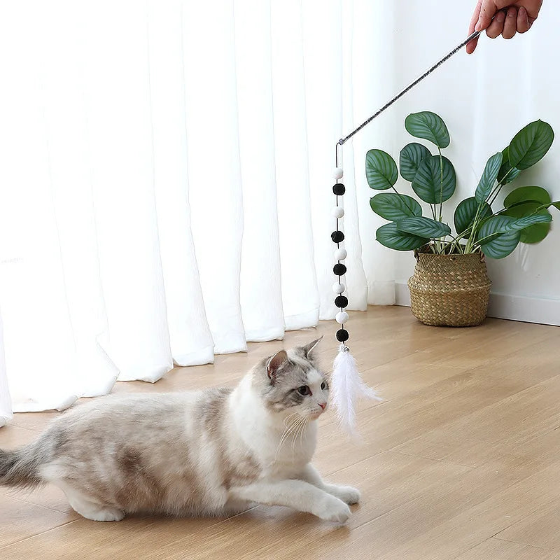 Feather Cat Playing Stick With Cute Multicolor Plush Ball