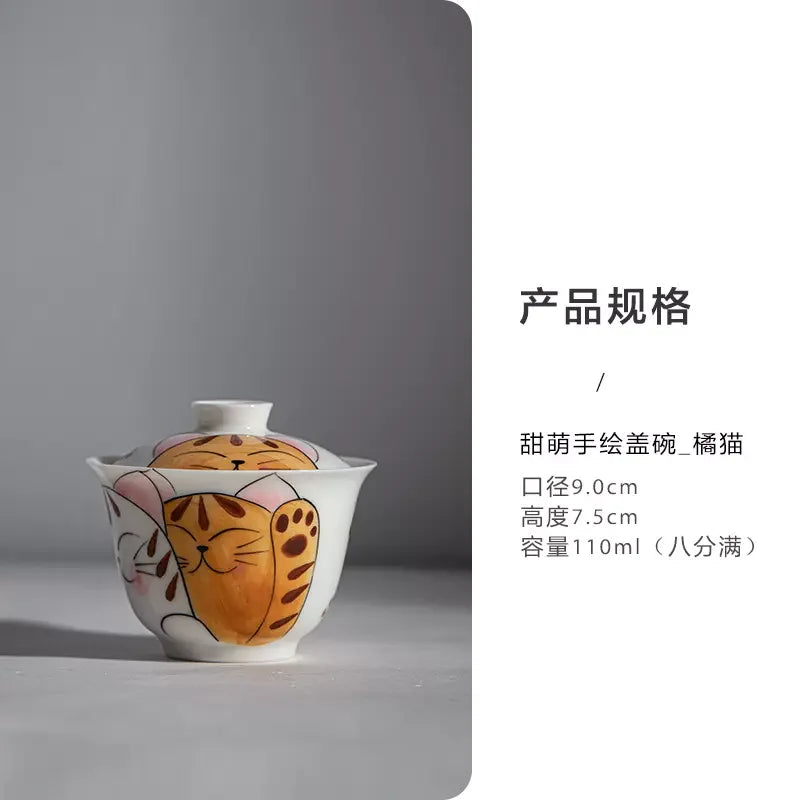 Hand-painted Blue Cat Ceramic Bowl and Tea Set