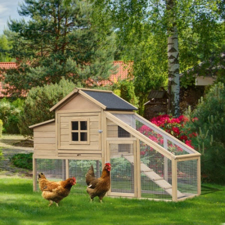 PawHut 69 Wooden Chicken Coop, Poultry Cage Hen House With Connecting Ramp, Removable Tray, Ventilated Window And Nesting Box, Natural