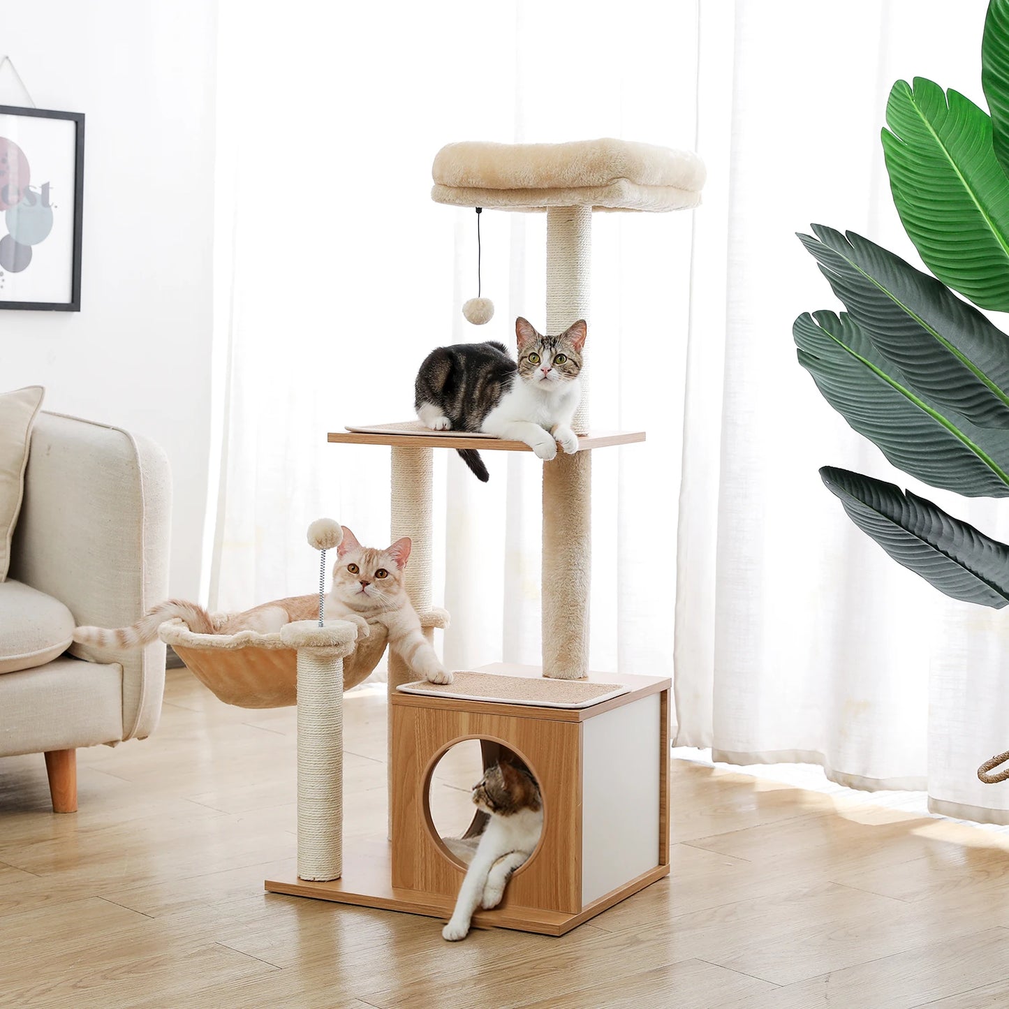 Modern Wooden Cat Tree Scratching Post Multi-Level Tower