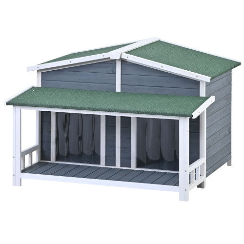 Large Wooden Dog House Outdoor With Porch, 2 Doors, Gray And Green