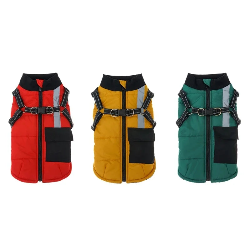 Winter Warm Dog Clothes With Harness, Windproof Pet Vest