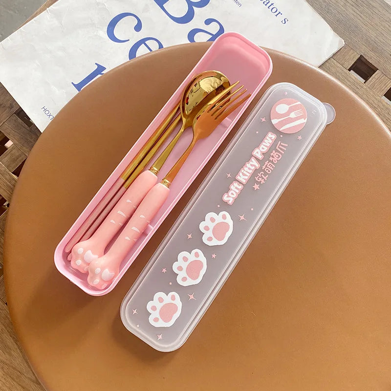 Stainless Steel Cute Cat Claw Ceramic Spoon and Fork