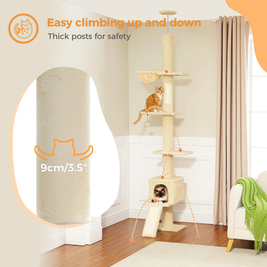 Adjustable 210-274CM Floor to Ceiling Cat Tower 5 Tiers