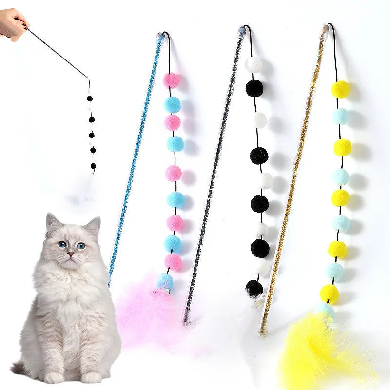 Feather Cat Playing Stick With Cute Multicolor Plush Ball