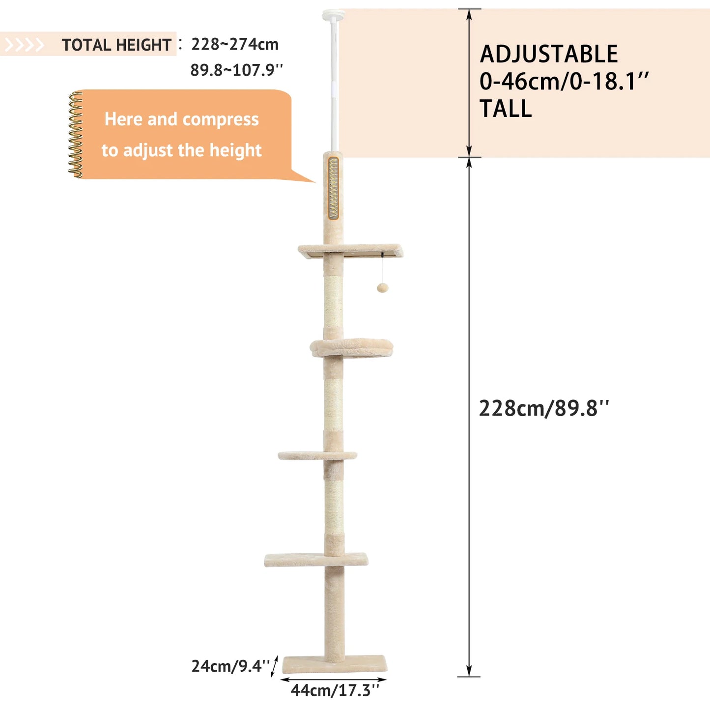 Adjustable 228-274cm Height Floor-to-Ceiling Vertical Cat Climbing Tree