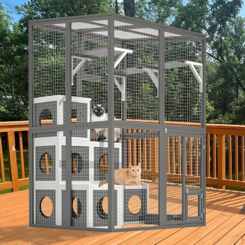 Outdoor Wooden Cat Catio Playpen With 2 Jumping Platforms