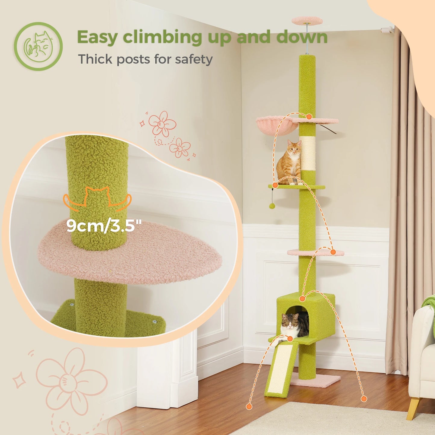 Adjustable 210-274CM Floor to Ceiling Cat Tower 5 Tiers