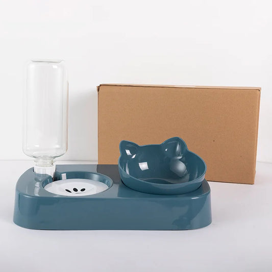 Pet feeder with water dispenser, cat shaped