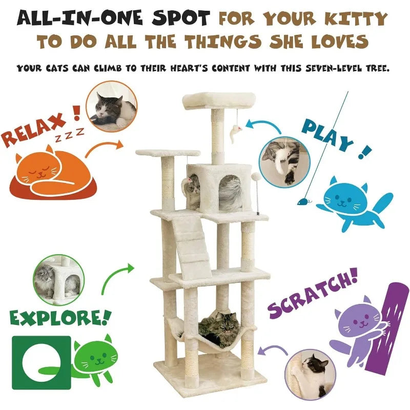 Multi-Level Cat Tree for Large Cats with Sisal-Covered Scratching Posts 63.8 inches