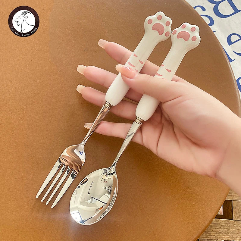 Stainless Steel Cute Cat Claw Ceramic Spoon and Fork