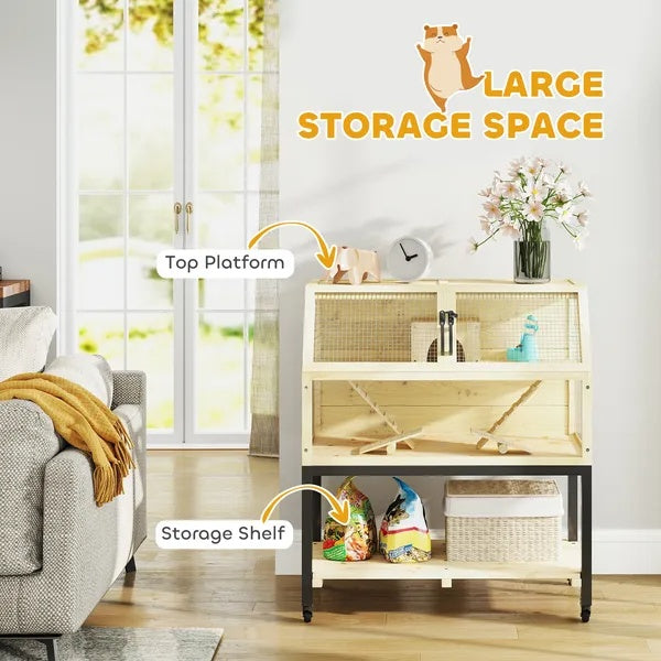 Hamster Cage on Wheels W Storage Shelf, Seesaws, Water Bottle, Hut & Ramps