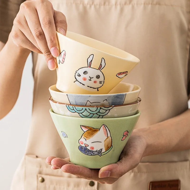 Cartoon Cat Ceramic Bowl hand-painted