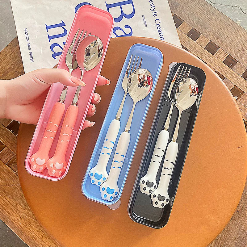 Stainless Steel Cute Cat Claw Ceramic Spoon and Fork