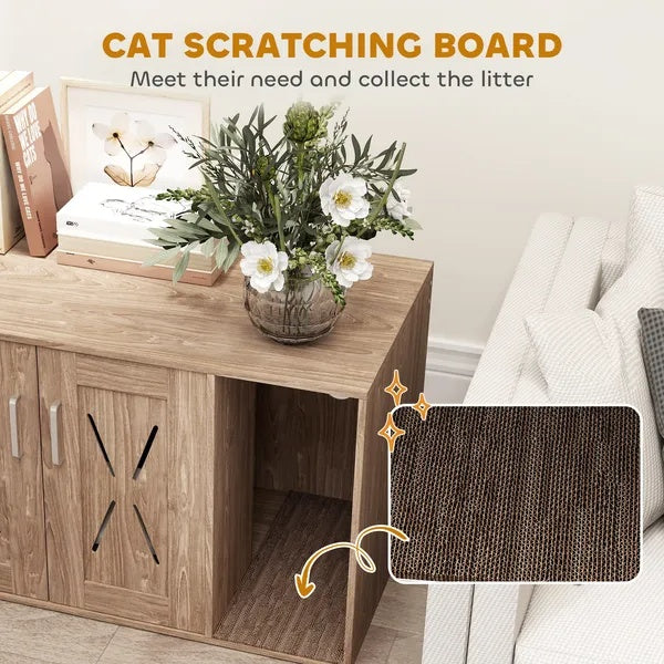 Cat Litter Box Enclosure With Scratching Board, Walnut Brown