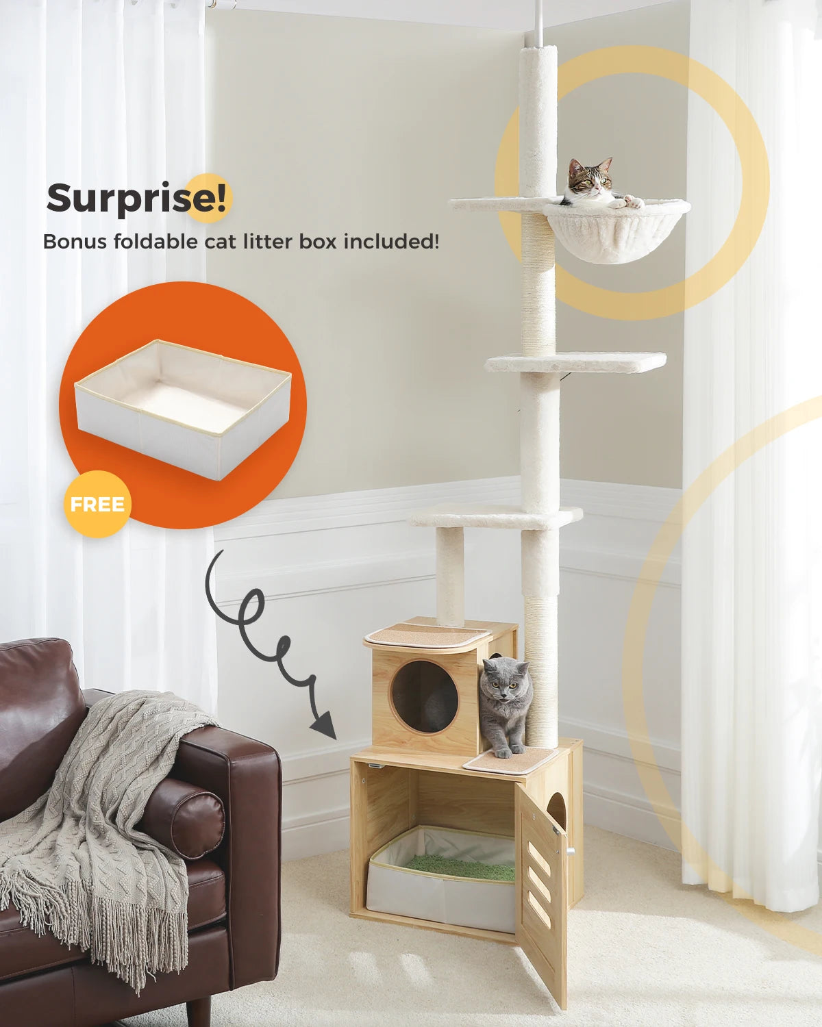 Tall Cat Tree Tower with Scratching Post Cozy Condo House and Litter Box Enclosure