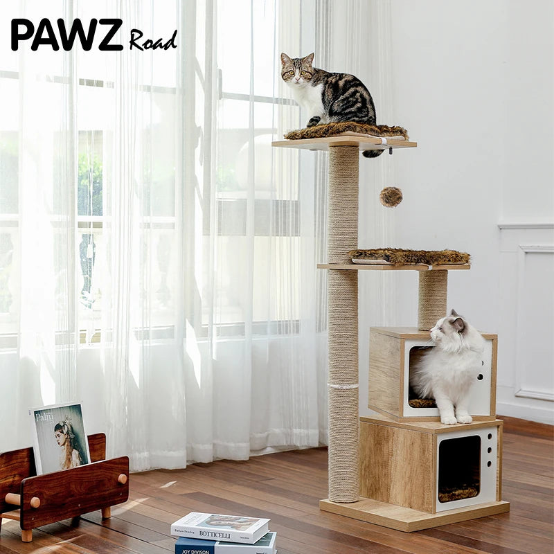 Modern Wooden Cat Tree Scratching Post Multi-Level Tower