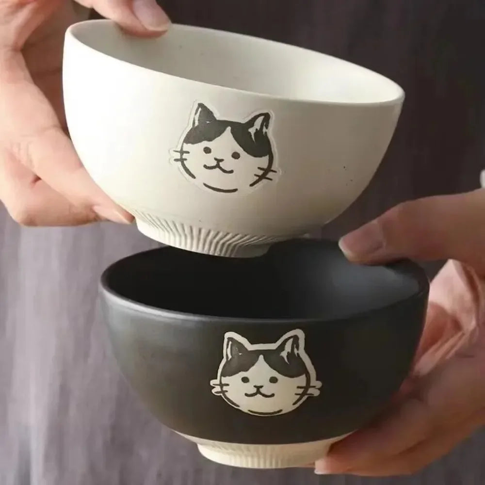 Hand-painted Stoneware Cat Face Ceramic Bowl