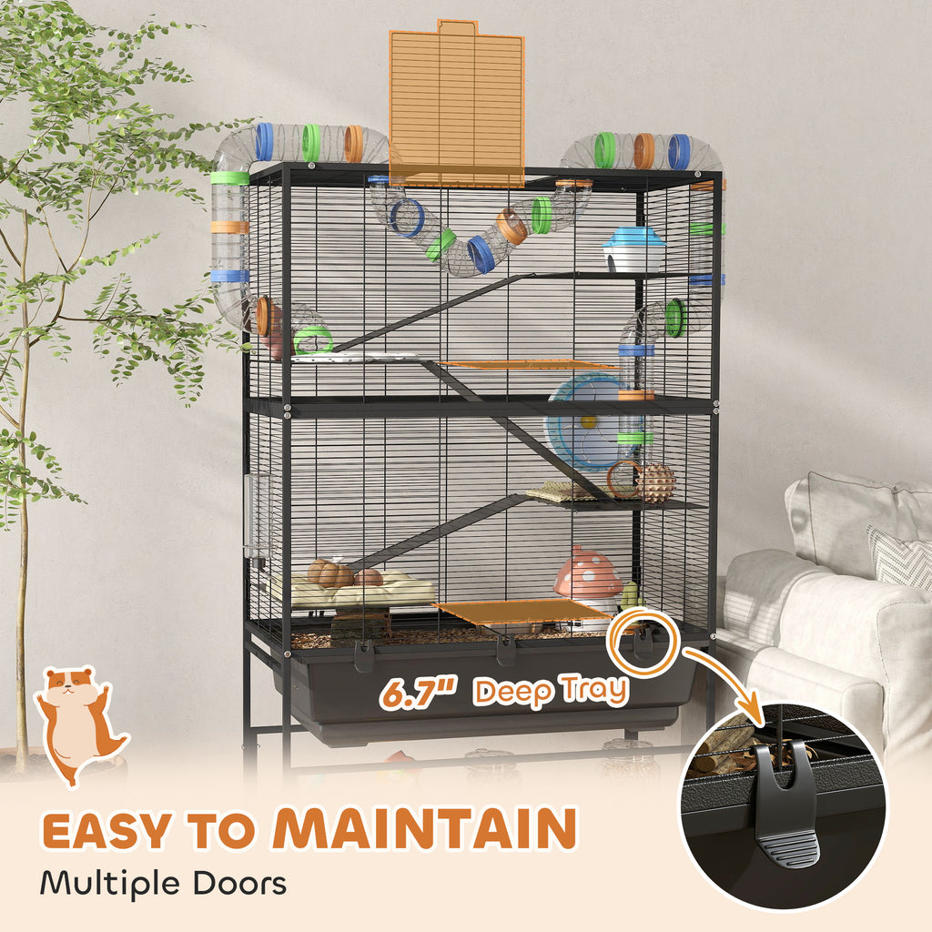 5 Tier Rolling Hamster Cage with Deep Tray, Storage Shelf, Big Exercise Wheel, Hut, Tube System