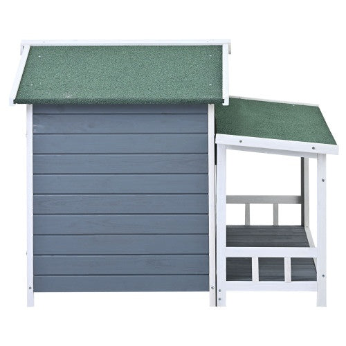 Large Wooden Dog House Outdoor With Porch, 2 Doors, Gray And Green