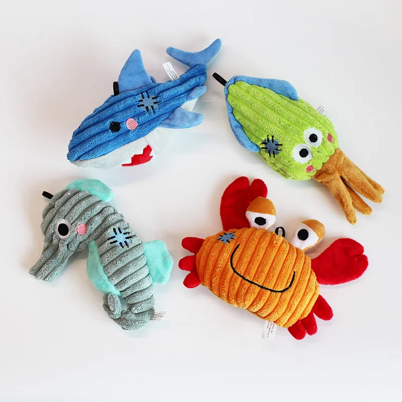 Plush Pet Toys Soft Squeaky Shark, Crab, Squid and Sea Horse