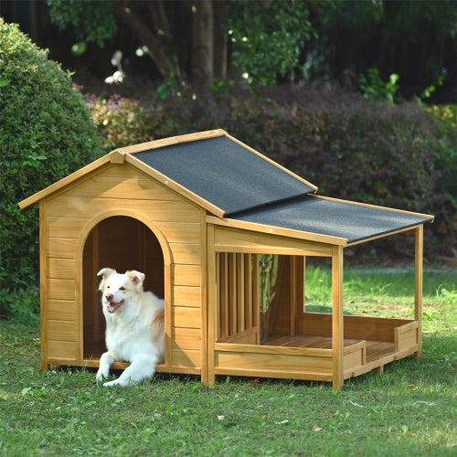 Large Wooden Dog House With Porch, Asphalt Roof and Elevated Floor