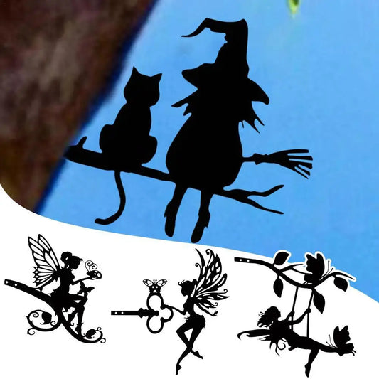 Iron Silhouette Cute Witch And Cat Yard Art Decor