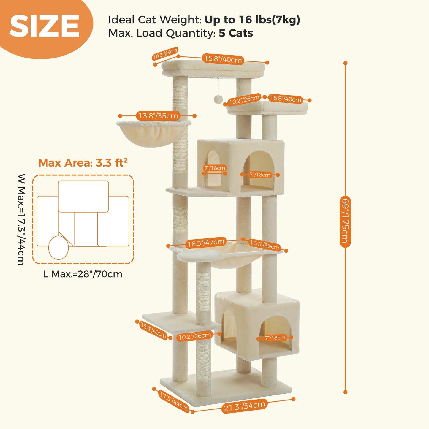 Tall Cat Tree, Multi-Level Tower with Super Large Hammock