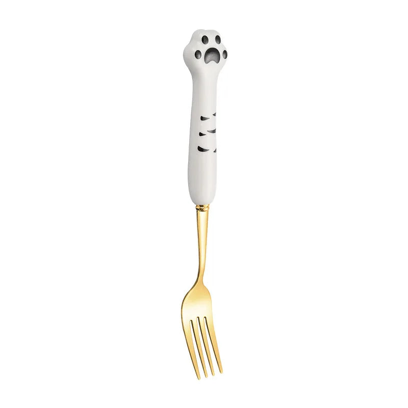 Stainless Steel Cute Cat Claw Ceramic Spoon and Fork